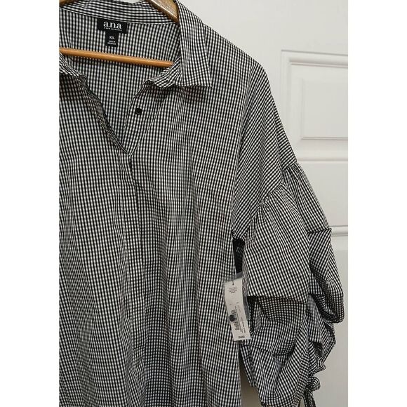 Ana womens 2xl puffer sleeve black white gingham plaid shirt top - Picture 2 of 8